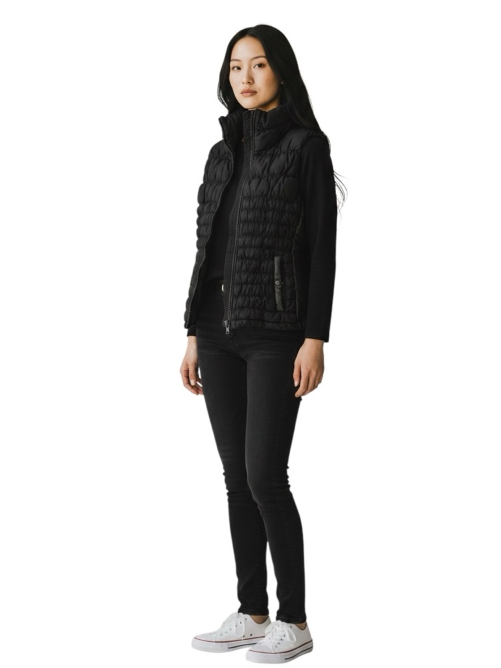 Black Rivet Women’s Quilted Puffer Vest - Black, Size XS - Faux Leather Detail